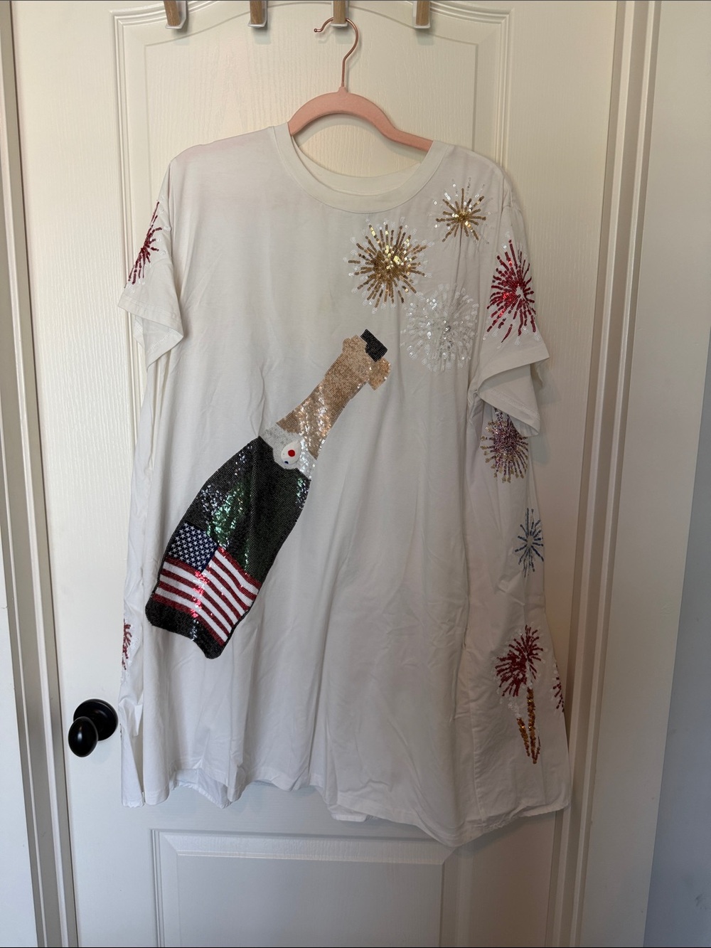 Sequin Champagne Bottle Graphic Tee Dress - White with Patriotic Detail